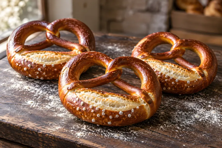 Drei frisch gebackene Laugenbrezn mit aufgesprungenem Bauch und grobem Salz auf einem bemehlten Holzbrett